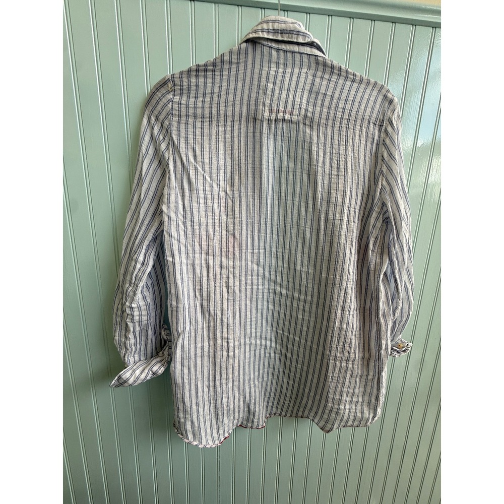 Johnny Was 3J Workshop Blue Striped Floral Embroidered Shirt XS Boho Whimsical - Picture 10 of 10